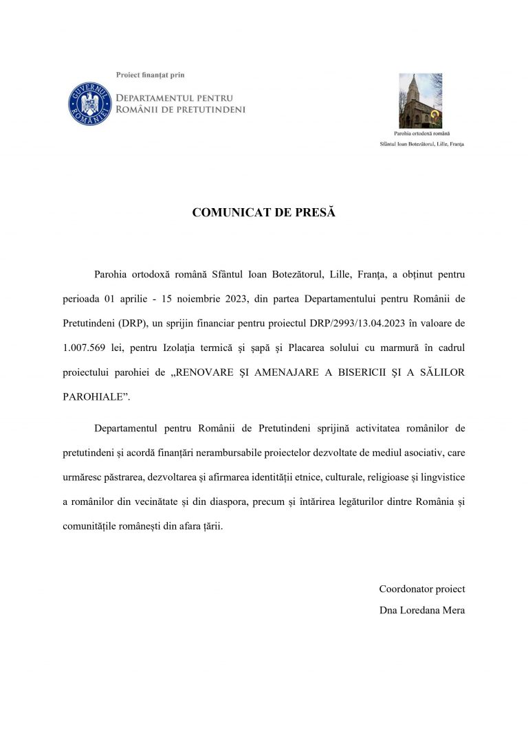 Proiect sprijinit şi finanţat de Departamentul pentru Românii de Pretutindeni (DRP)