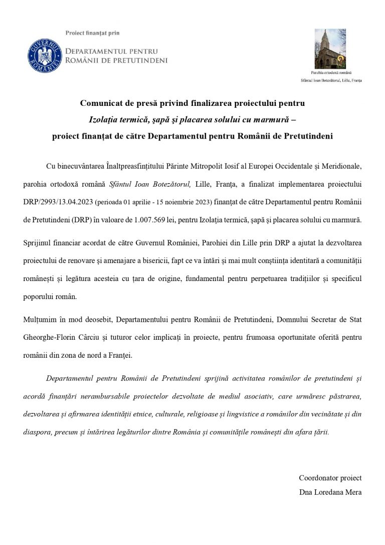 Comunicat de presă privind finalizarea proiectului pentru  Izolaţia termică, şapă şi placarea solului cu marmură –  proiect finanțat de către Departamentul pentru Românii de Pretutindeni